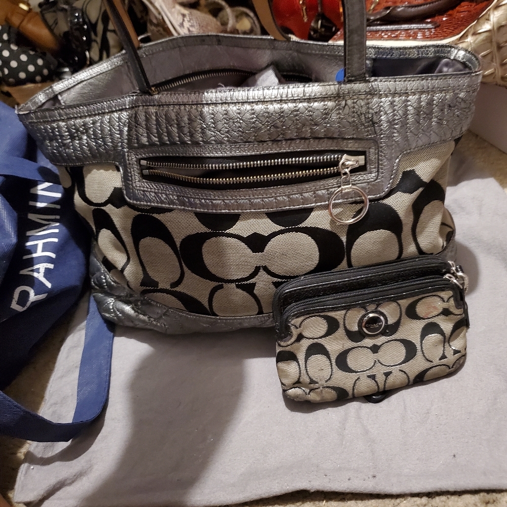 Black and chrome Coach purse and wallet